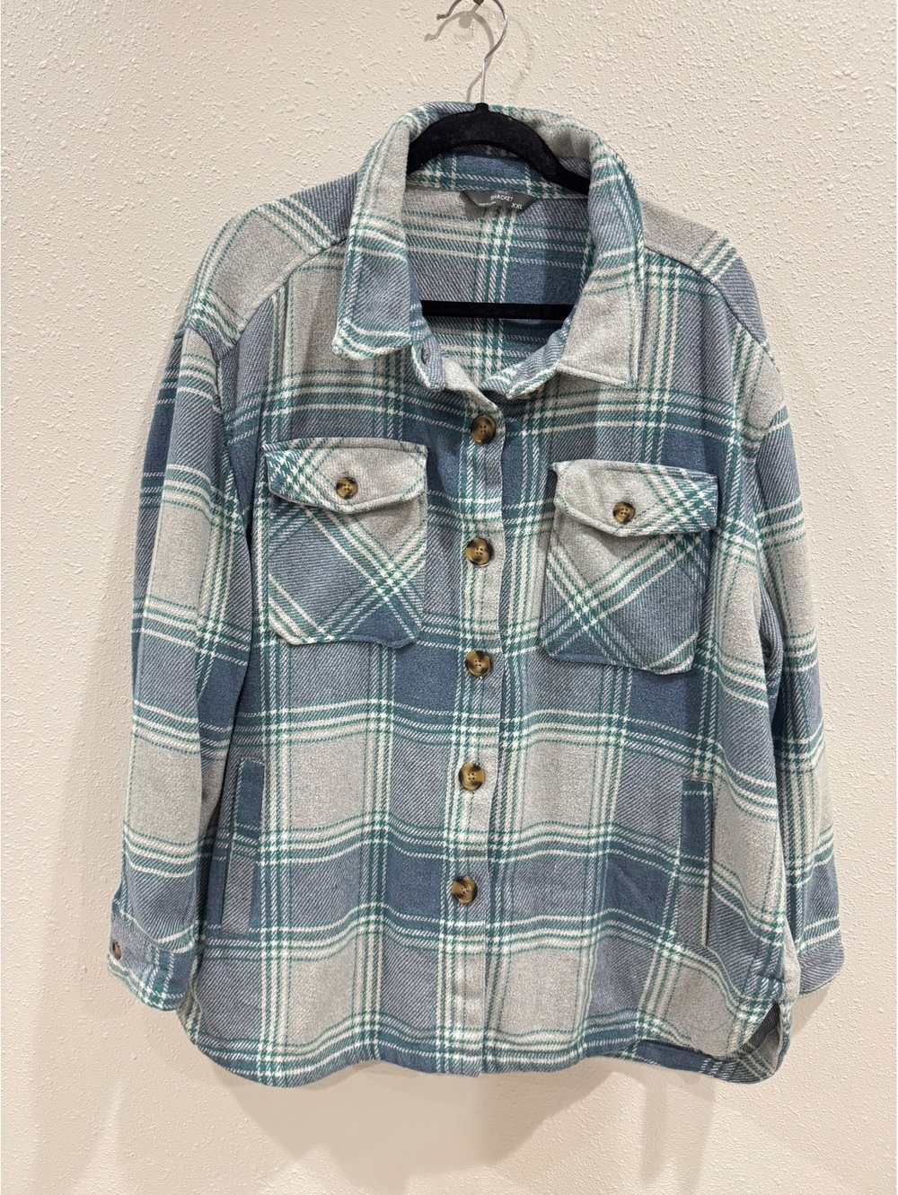 Women’s XXL Plaid Shacket Oversized Button Front Shirt Jacket Blue Gray Teal